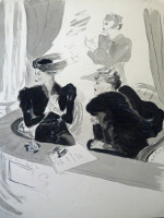Original 1930s fashion drawing: three ladies at the opera