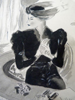 Original 1930s fashion drawing: three ladies at the opera