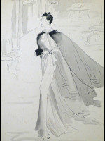 Original 1930s fashion drawing: an elegant sweeping lady