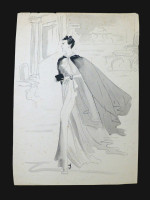 Original 1930s fashion drawing: an elegant sweeping lady