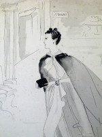 Original 1930s fashion drawing: an elegant sweeping lady