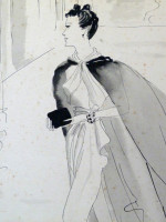 Original 1930s fashion drawing: an elegant sweeping lady