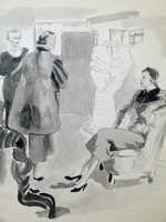 Original 1930s fashion drawing: couture showroom of fur coats