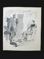 Original 1930s fashion drawing: couture showroom of fur coats