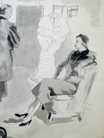 Original 1930s fashion drawing: couture showroom of fur coats