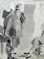 Original 1930s fashion drawing: couture showroom of fur coats