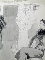 Original 1930s fashion drawing: couture showroom of fur coats