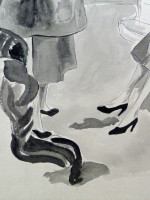Original 1930s fashion drawing: couture showroom of fur coats