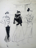 Original 1930s fashion drawing: three ladies and the fashions of 1939