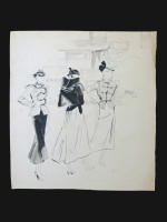 Original 1930s fashion drawing: three ladies and the fashions of 1939