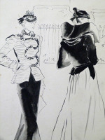 Original 1930s fashion drawing: three ladies and the fashions of 1939