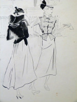 Original 1930s fashion drawing: three ladies and the fashions of 1939