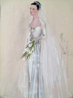Original 1930s colour fashion illustration: bridal dress
