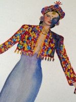 Original 1930s colour fashion illustration, Thai / Siamese dress