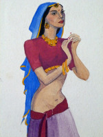 Original 1930s colour fashion illustration, Indian dress