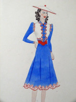 Original 1930s colour fashion illustration, Chinoiserie style