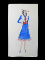 Original 1930s colour fashion illustration, Chinoiserie style