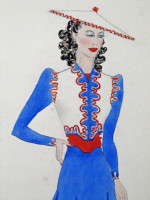 Original 1930s colour fashion illustration, Chinoiserie style