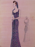 Original 1930s colour fasion illustration, column evening dress