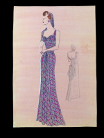 Original 1930s colour fasion illustration, column evening dress