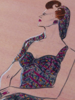 Original 1930s colour fasion illustration, column evening dress