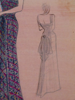 Original 1930s colour fasion illustration, column evening dress