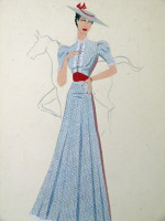Original colour fashion illustration, 1930s elegant garden party dress