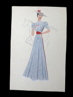 Original colour fashion illustration, 1930s elegant garden party dress