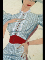 Original colour fashion illustration, 1930s elegant garden party dress