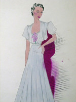 Original 1930s colour fashion illustration, summer wedding dress