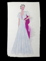 Original 1930s colour fashion illustration, summer wedding dress