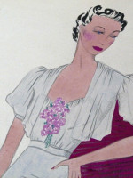 Original 1930s colour fashion illustration, summer wedding dress