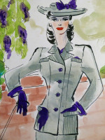 Original 1930s colour fashion illustration, a smart suited lady