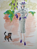Original 1930s colour fashion illustration, a smart suited lady