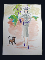 Original 1930s colour fashion illustration, a smart suited lady