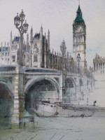 Original pen, ink & watercolour: Westminster Bridge and Big Ben